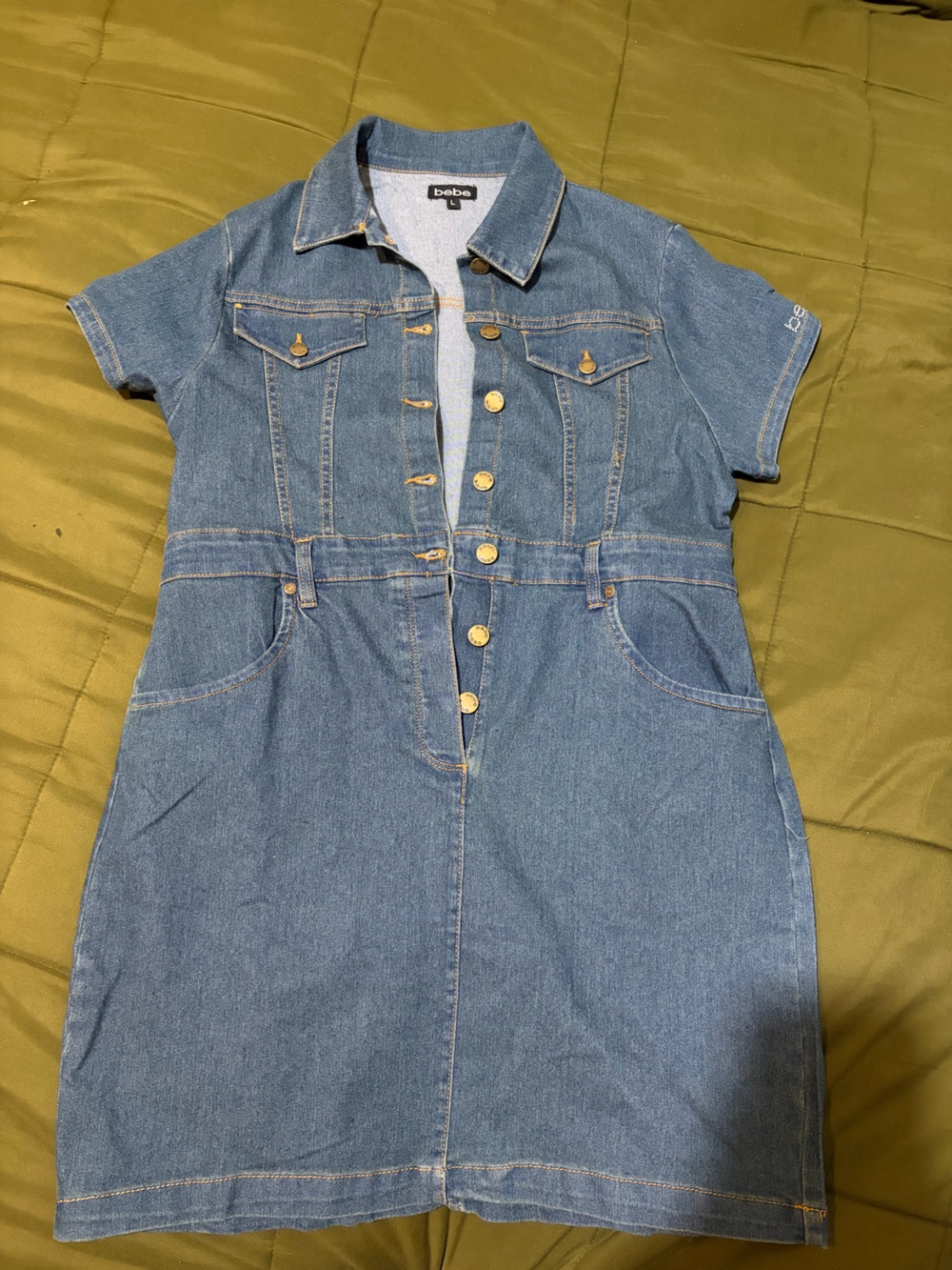 bebe Blue Denim Button-Front Short Sleeve Dress